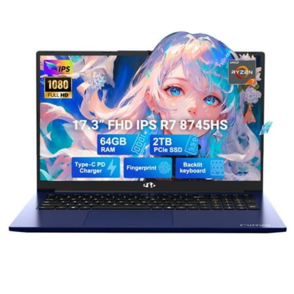 17.3 IPS FHD-Gaming-Laptop AMD Ryzen 7 8745HS 64GB DDR5 RAM 2TB SSD (8C/16T up to 4.9GHz) Radeon 780M Graphics Business Computer with 100W Type-C Backlit Keyboard Fingerprint USB-C 4.0