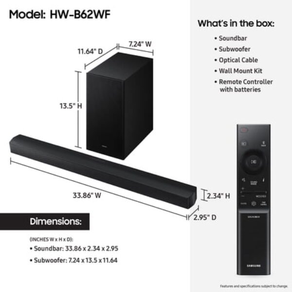 Samsung HW-B62WF 3.1ch Soundbar w/ Subwoofer DTS Virtual:X