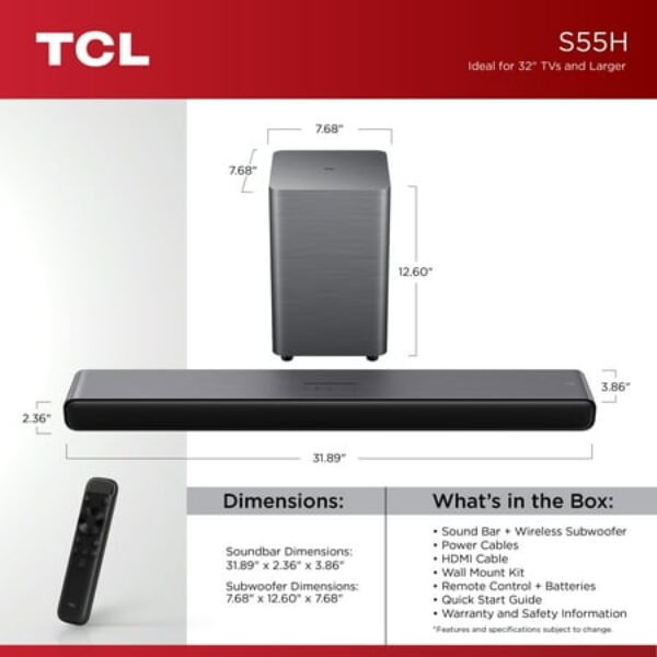 TCL S55H Dolby Atmos Soundbar w/ Wireless Sub & Bluetooth