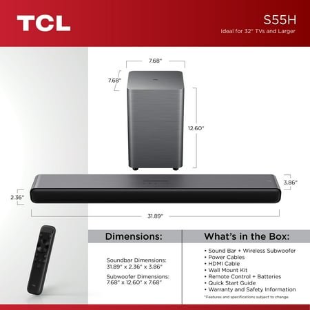 TCL S55H Dolby Atmos Soundbar w/ Wireless Sub & Bluetooth